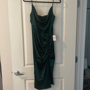 Emerald green satin cowl neck midi dress
